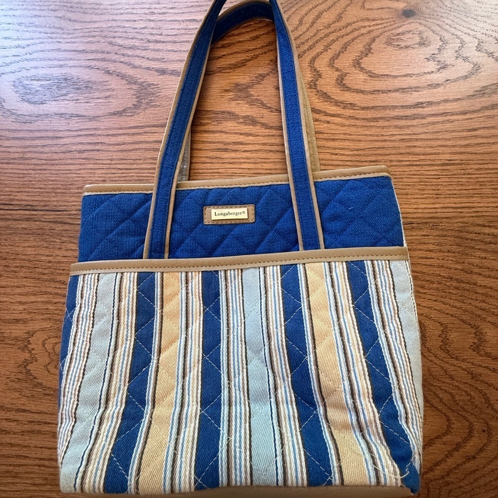 Longaberger Blue and Tan Tote with Nautical Stripes - Picture 1 of 7